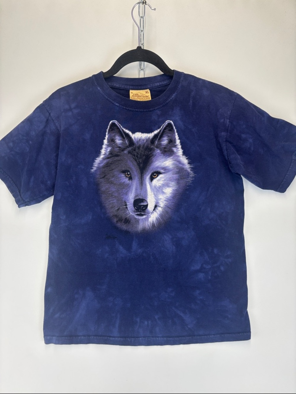 The MOUNTAIN Vintage Wolf Shirt Blue TieDye Leather Tag Size XL see measurements
